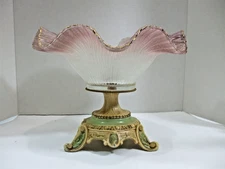Ornate Painted Pedestal Centerpiece Bowl Fluted Edge Glass Metal Claw Feet Large