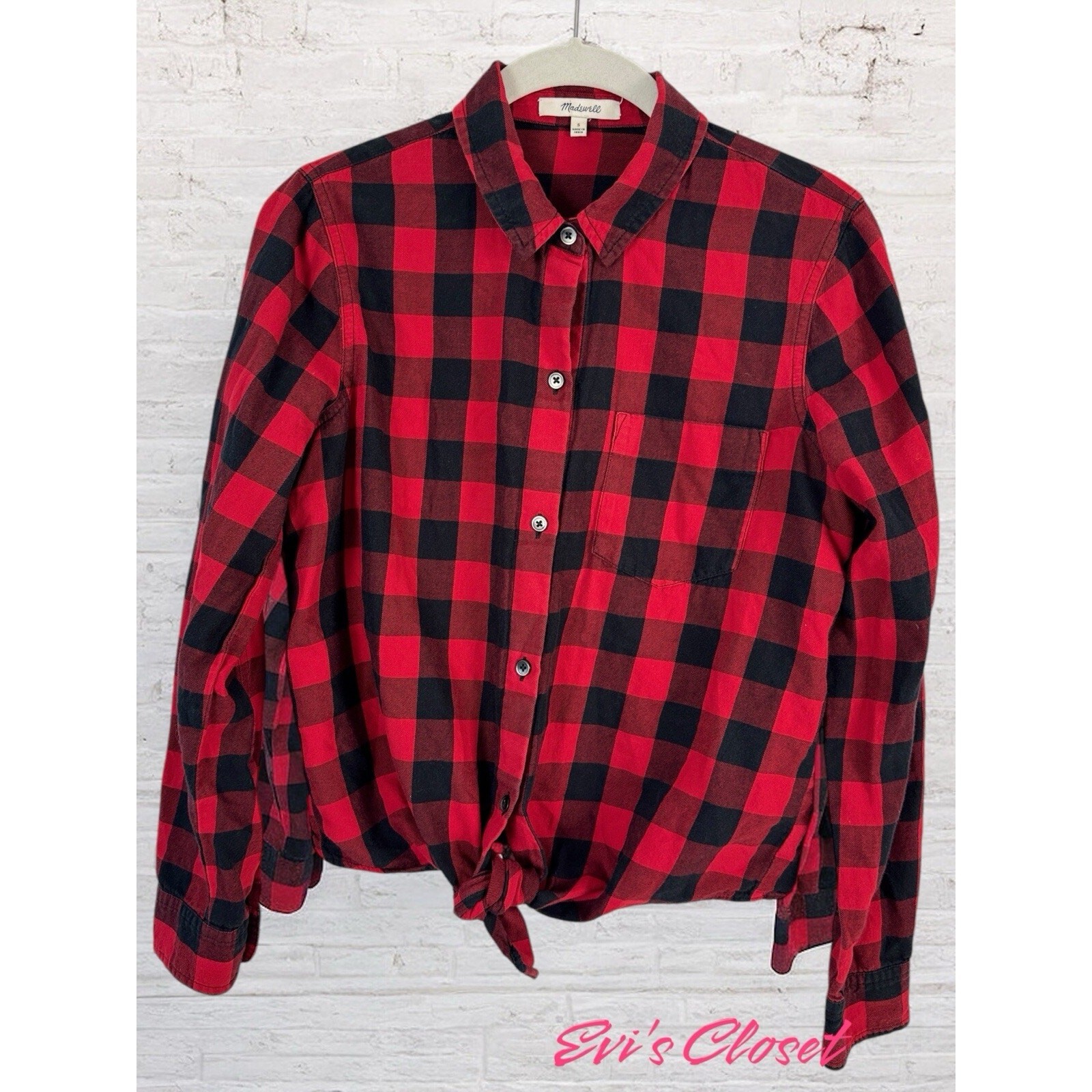 Madewell Flannel Tie-Front Shirt Collared Sasha Red Buffalo Check Women's Small