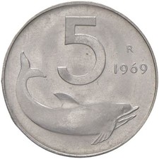 5 LIRE 1969 - DELFINO E TIMONE - REPUBBLICA ITALIANA - FDC UNC -