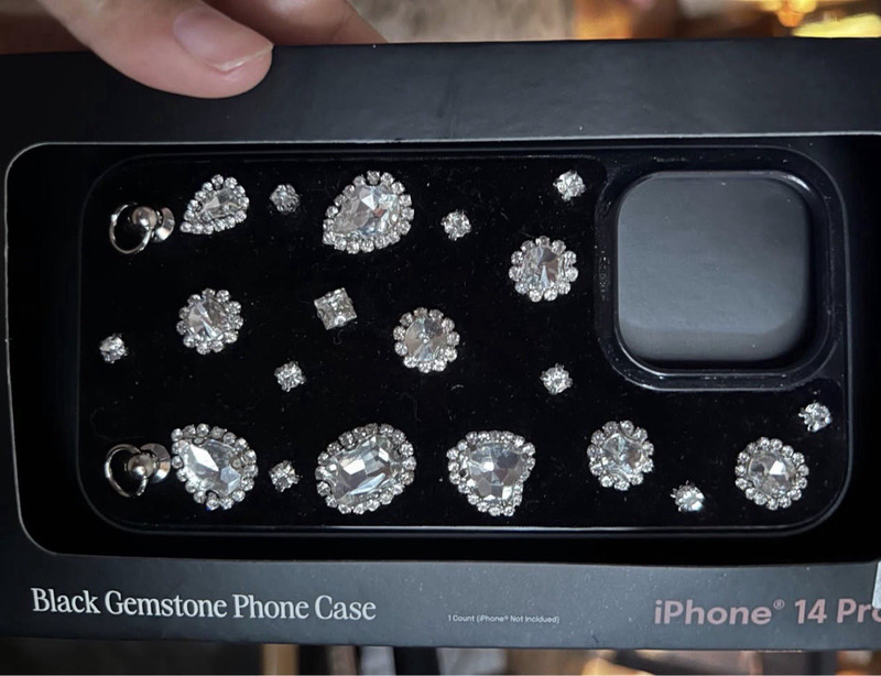 For Apple iPhone 14 Pro Black/Clear Rhinestone Gemstone Back Case Cover