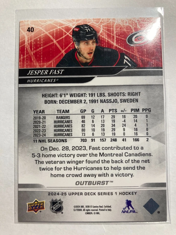 2024-25 Upper Deck Outburst Red #40 Jesper Fast 09/25 **SEE TOP EDGE** - Image 2 of 3
