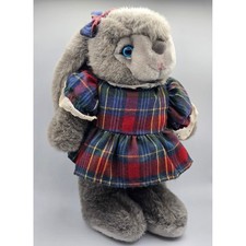 Vintage Russ Beverly Gray Bunny Plush Plaid Dress Easter 90s Y2K Nursery