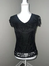 M. Nicole Crocheted Top Black Short Sleeves, Size L NWT Halloween, Fall, Grunge