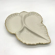 Vtg Lenox Porcelain Leaf Shaped Divided Serving Dish Bowl Platter Gold Trim USA