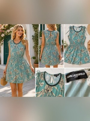 Karl Lagerfeld Teal Floral Tie-Shoulder Mini Dress
