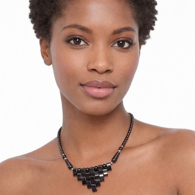 Hematite Beaded Geometric Bib Necklace Gunmetal Metallic Grey Jewelry Chic J-01