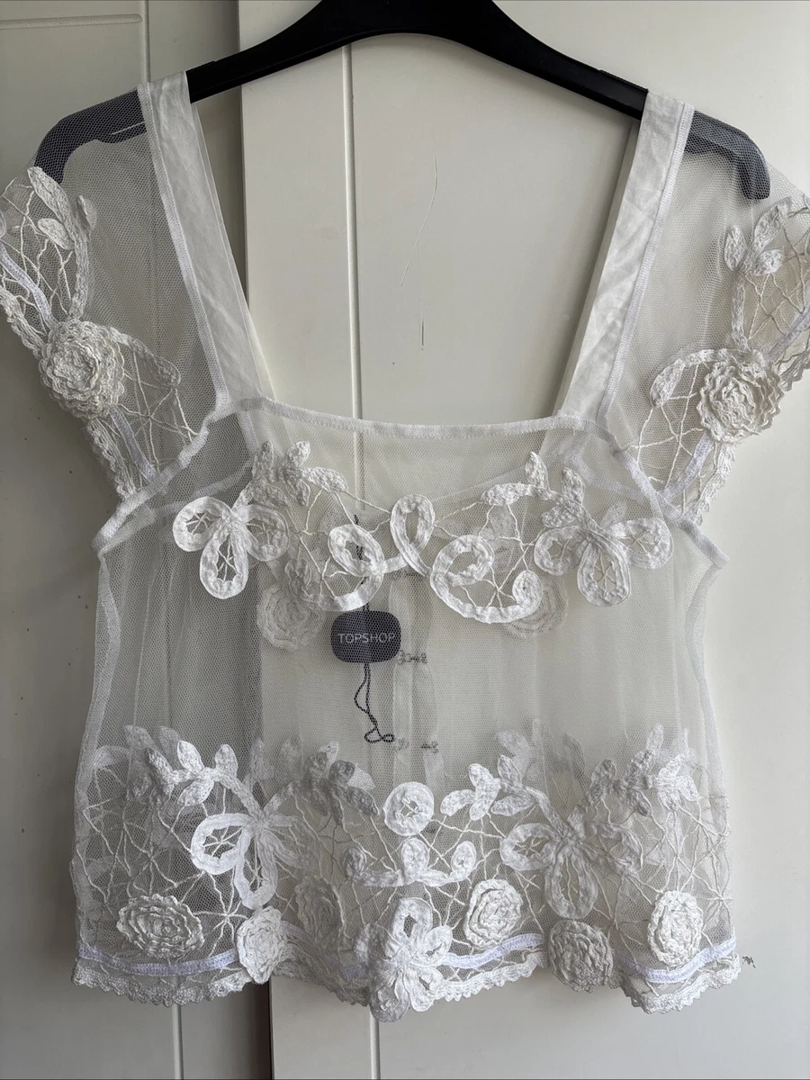 Top Transparent Dentelle Topshop Taille 8 - Couleur Nude - Manches Courtes - Occasion Très Bon État