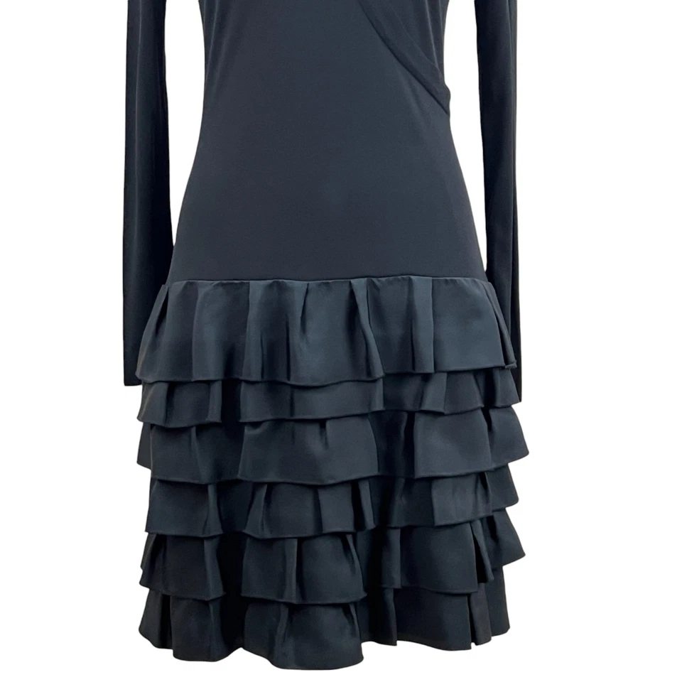 Black Sleeve Ruffle Cocktail Dress 100% Silk Size 8 - Image 2 of 4