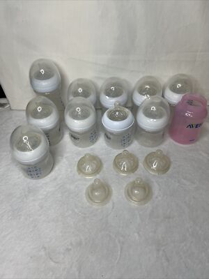 Lot Of 11 Avent Anti Colic Baby Bottles 1-9oz 10-4Oz; 12 #1 Nipple; 3 #2 Nipple