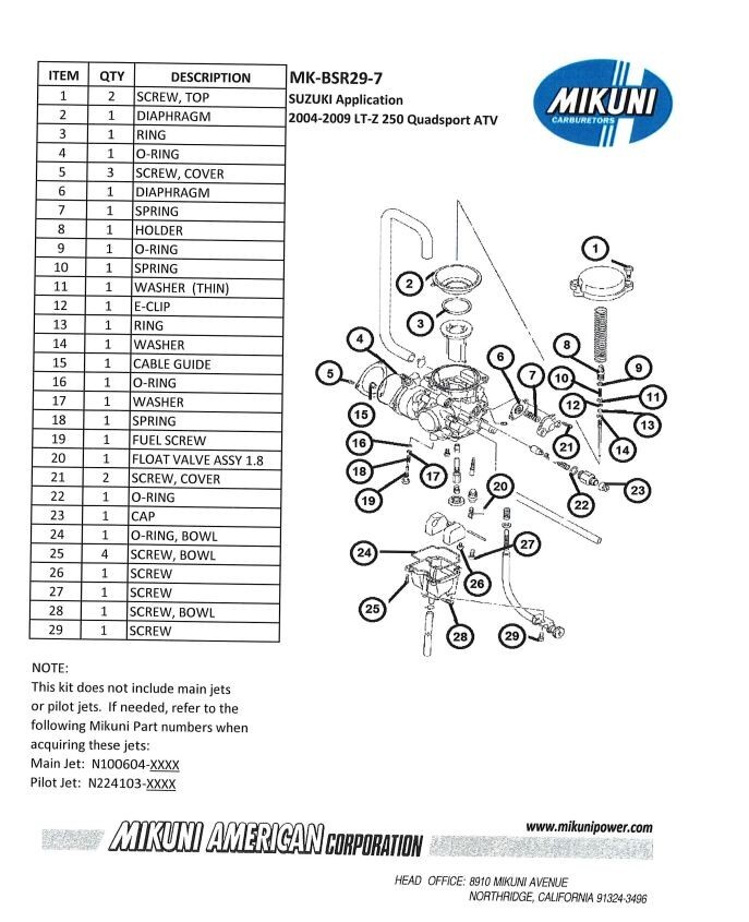 Genuine Mikuni Carb Rebuild kit Suzuki '04-'09 LT-Z 250 Quadsport