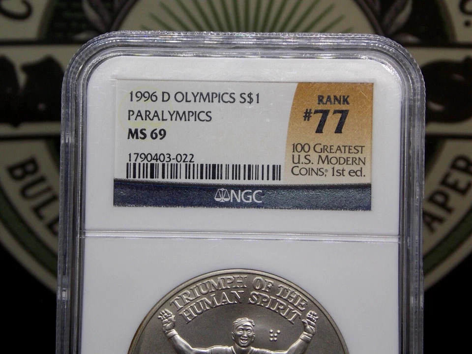 1996 "D" Wheelchair PARALYMPICS Silver Commemorative $1 NGC MS69 #022 Rank #77 - Image 4 of 4