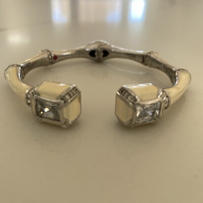 Lauren G Adam s Silver Crystal Cream Enamel Bamboo Hinged Cuff Bracelet 