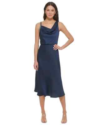 DKNY Crepe Satin Cowlneck Embellished Straps Midi Dress Women's 6 Navy Back Zip