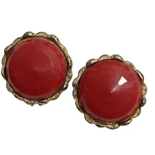 Estate Mid Century Gold Tone Clip-on Earrings With Red Plastic
