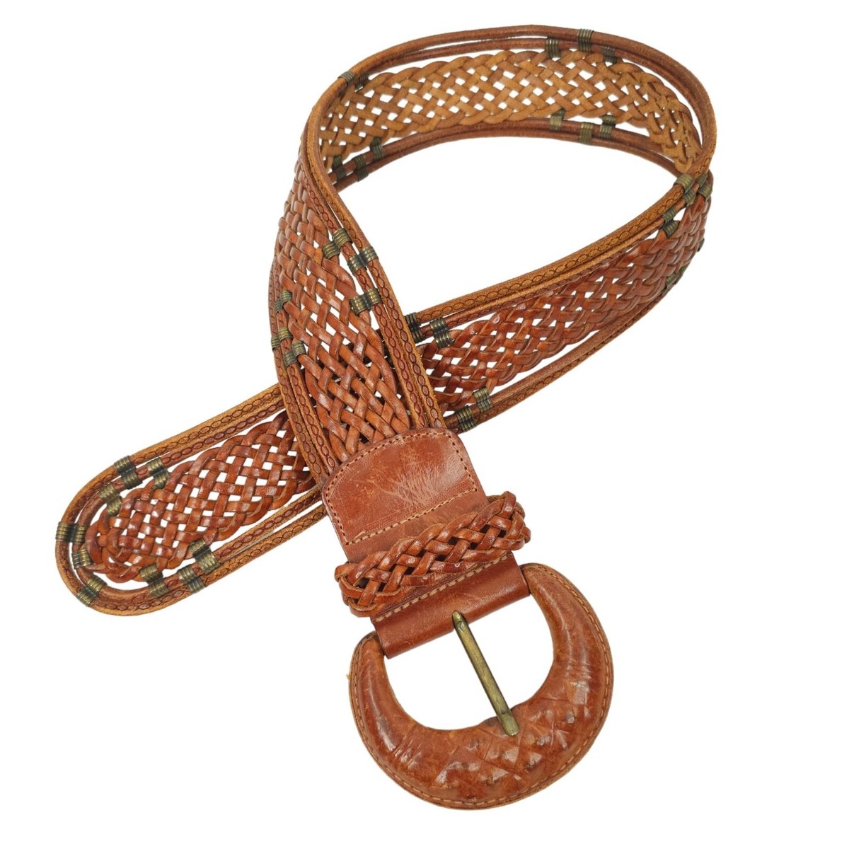 Wide Brown Leather Belt Woven Womens Size S Boho Gypsy  display picture 3