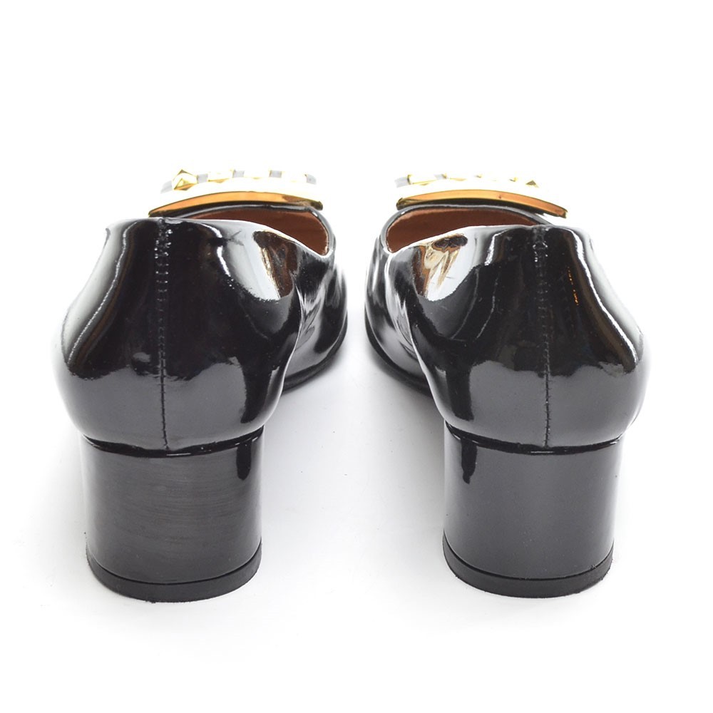 SAOLA Scarpe decolte basse donna suola francese FS NY borchie placca 7 B nere vernice tacco