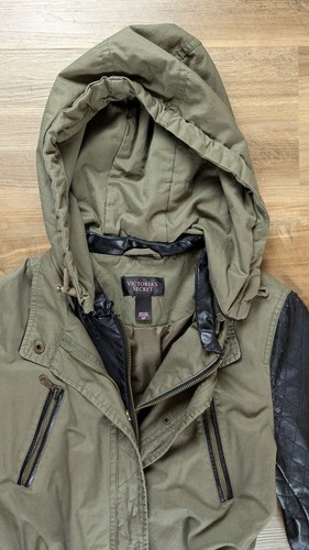 Women's Vintage Victorias Secret Utility Parka Faux Leather Quilted Sleeves Sz S - Picture 12 of 24