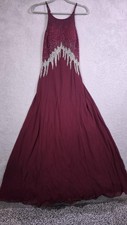 Dress Womens Small Red Beaded Rhinestone Ball Gown Chiffon Crisscross Back Prom