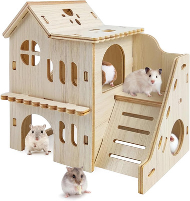 Hamster Hideout with Wooden House, Fun Slide, Double-Decker Hut & Maze - for Dwa