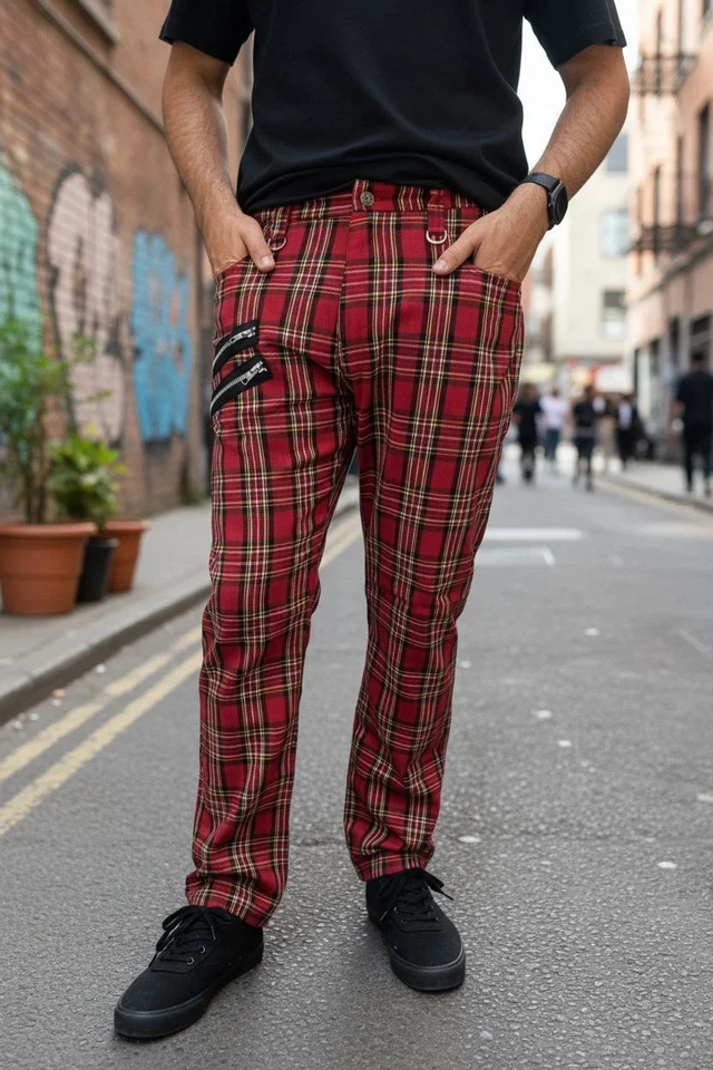 Ro Rox Punk Tartan Trousers - Unisex Goth Emo Plaid Check Slim Fitted Pants - Image 2 of 4