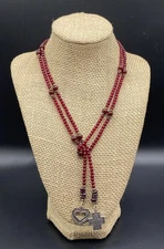 SILPADA-Sterling Silver Garnet Beaded Etched Heart Cross Lariat Necklace N1294