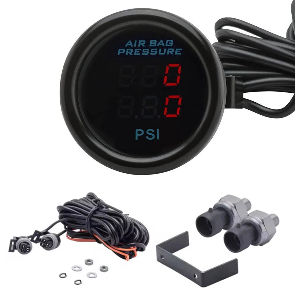 Red Car Suspension Gauge Kit 2inch 52mm Air Ride Air Pressure Gauge Set Sensors - Image 4 of 4