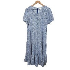 J.Crew Womens Large Blue White Floral Short Sleeve Tiered Midi Dress Cottagecore
