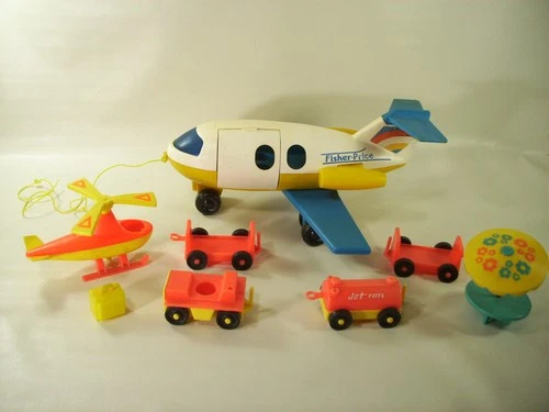 Vintage Fisher Price Little People Jet Airplane helicopter cars AIRPORT toy lot