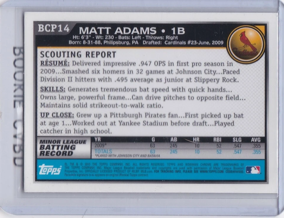 MATT ADAMS ROOKIE CARD 2010 Bowman Chrome 1st RC Baseball ST. LOUIS CARDINALS - Изображение 2 из 2