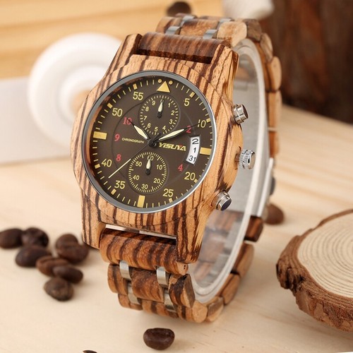Antico OROLOGIO UOMO IN LEGNO EBANO orologi al quarzo analogico Cronografo  Quadrante Data Regalo | eBay