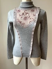 Christian Lacroix Cashmere/Wool  Embroidered Sequin Grey Turtleneck Sweater VTG