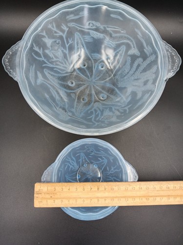 1930's WALTHER AND SOHNE "Nymphen" Mermaid & Fish Blue Frosted Glass Set of 5 - Picture 23 of 24