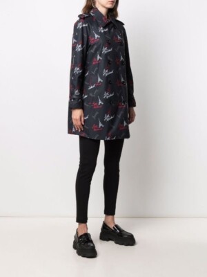 Love Moschino Graphic Eiffel Tower Print Canvas Navy Trench Coat Size US 6 NWT