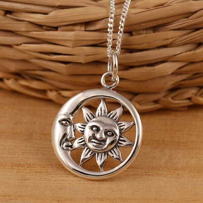 Massiv 925 Sterlingsilber Sonne Mond Gesicht Himmlischer Anhänger Halskette Kette verpackt