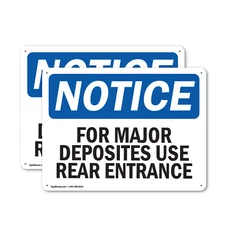 (2 Pack) For Major Deposits Use Rear Entrance OSHA Notice Sign Decal Metal