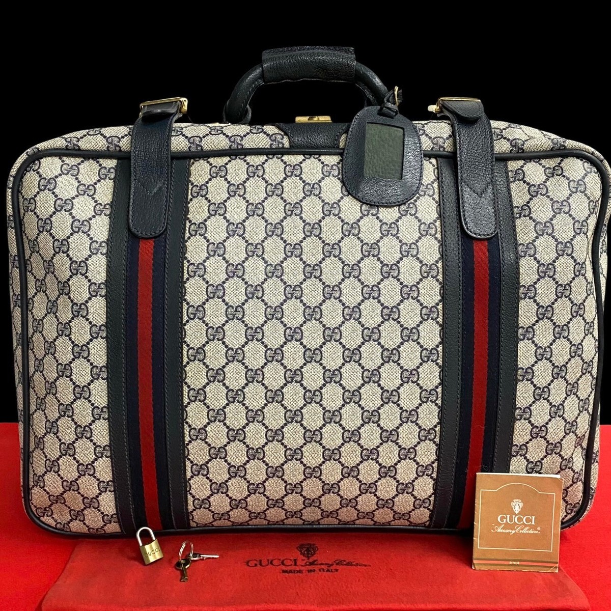 GUCCI Sherry line GG Logo Metal Boston bag leather PVC Navy