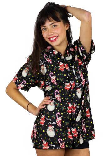 Blusa de Navidad Camisa de Hawai Christmas Candycane Santa Negro - Bild 1 von 6