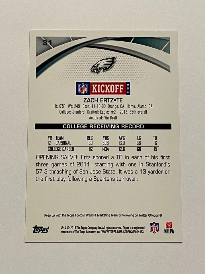 2013 Topps Kickoff Football #31 - Zach Ertz RC - Philadelphia Eagles - Image 2 of 2
