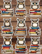 Owl on Colorful Books Die Cut Vinyl Stickers Set Scrapbooking Laptop Waterbottle