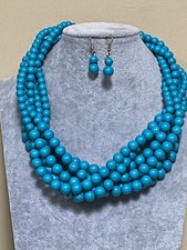 Six Strand Turquoise Lucite Bead Necklace Earring set