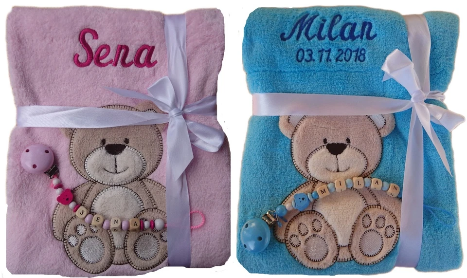 Babydecke mit Namen bestickt + Schnullerkette Geschenk Baby Taufe Geburt rosa - Bild 2 von 4