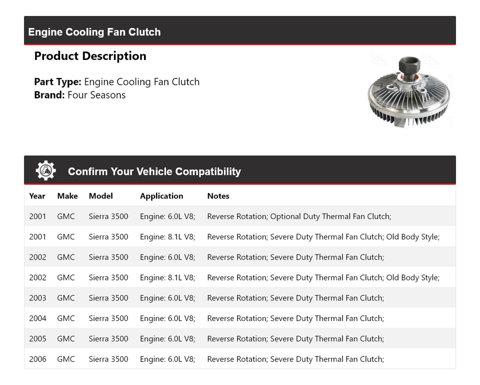 Embrague ventilador refrigeración motor GMC Sierra 3500 2001-2006 4 estaciones 2002 2003 2004 Foto 2 de 4