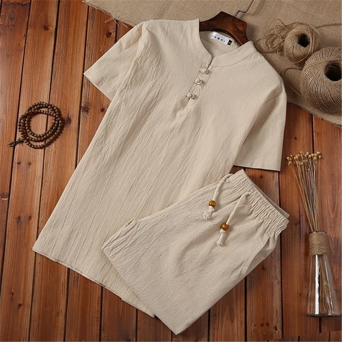 Mens Shorts Cotton Linen Summer Outfit 2-Piece Set Short Sleeve T Shirts and - Bild 8 von 14