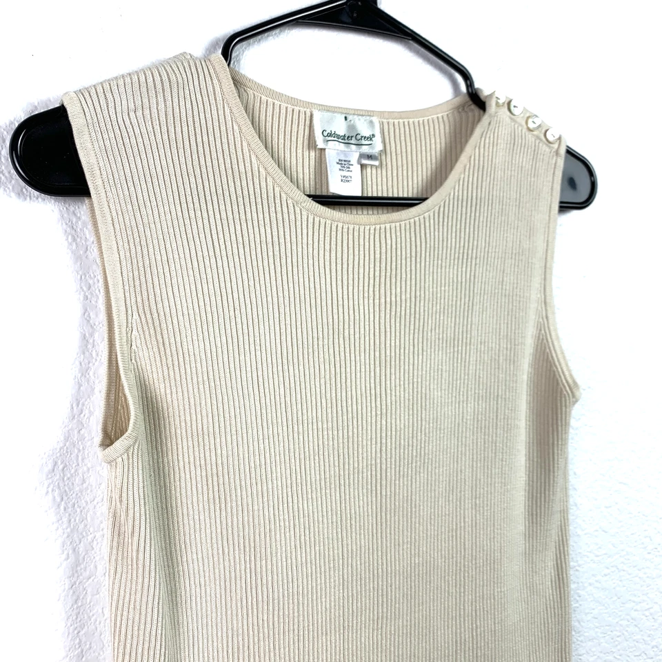 Coldwater Creek ребристый шелк хлопок плеча желтовато-коричневый кнопка шеи Майка подкладка M - Изображение 2 из 4