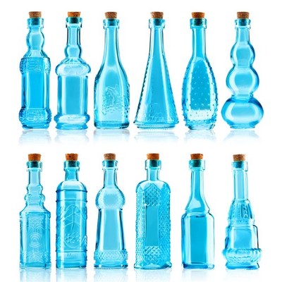 Small Blue Vintage Glass Bottles with Corks, Mini Vases, Decorative, Potion, ...