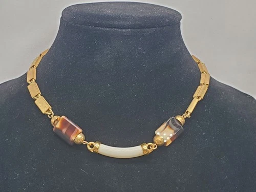 Miriam Haskell Gold-tone Bar-link 17" Choker Faux-ivory Tortoiseshell Glass 50s