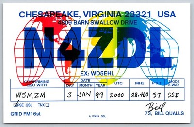 N4ZDL QSL Card Chesapeake Virginia 1999 Amateur Radio Ham W5MZM SSB A390