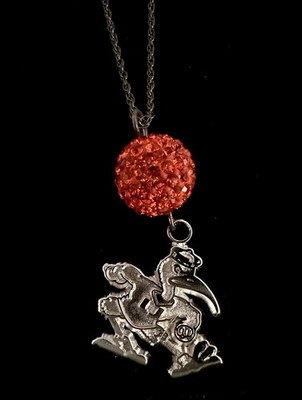 University of Miami Sebastian Ibis Sterling Silver Necklace  LogoArt Orange Bead