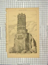 Original Old Antique Print Architecture 1875 Cathedral Tower Antonin Pamiers