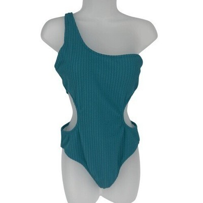 PINK Teal Ribbed One Shoulder Monokini Swimsuit M